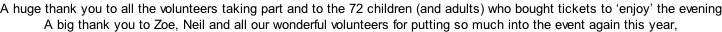 A huge thank you to all the volunteers taking part and to the 72 children (and adults) who bought tickets to ‘enjoy’ the evening A big thank you to Zoe, Neil and all our wonderful volunteers for putting so much into the event again this year,